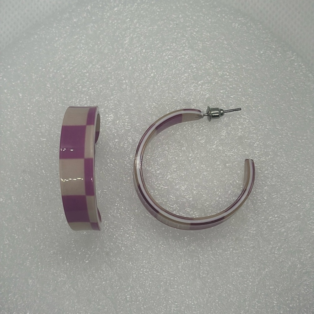 Funky Checkerboard Hoop Earrings - Mismatched Design, 1.4" - Brand New!